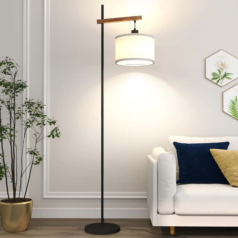 61" Wood Arched Floor Lamp With Pedal Switch, Soft Eye-Protection Light - White+Black