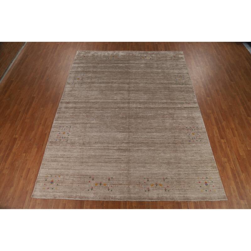 Light Brown Gabbeh Oriental Area Rug Hand-Knotted Silk Carpet - 8'11" x 11'10"