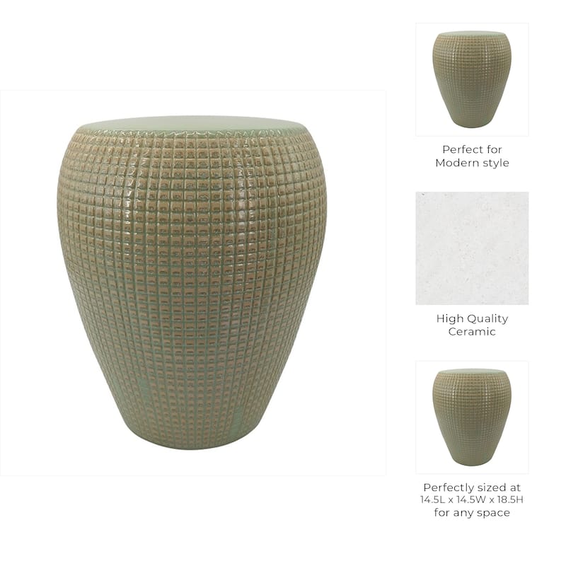 Ceramic Garden Stool Raised-Grid Texture for Home Use - 19" Green