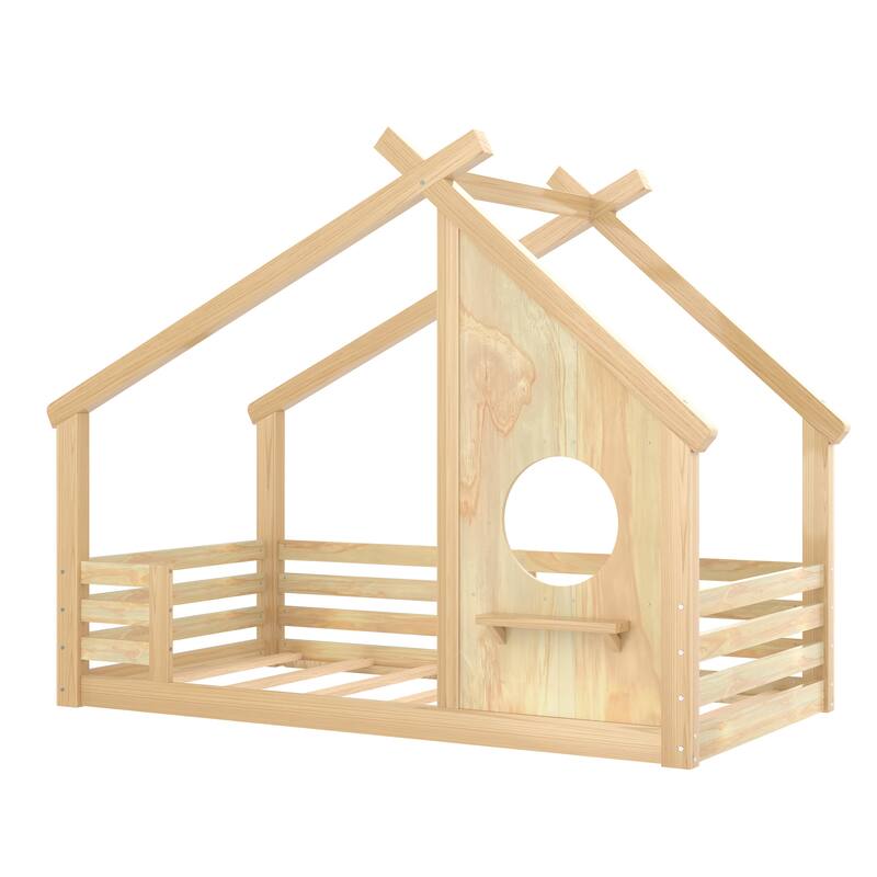 Montessori Kids House-shaped Floor Bed with Window and Shelf