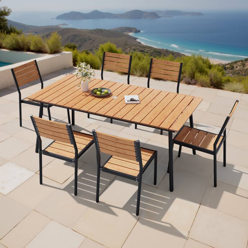 7-Piece Outdoor Aluminum Rectangular Dining Table with Stackable Chairs