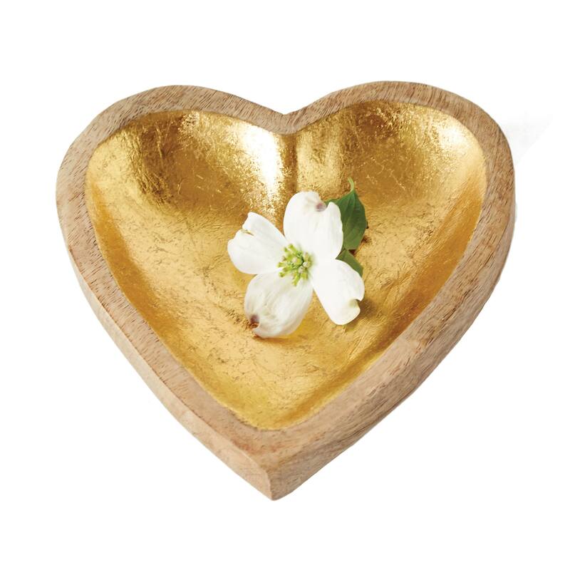 Mango Wood Heart Tray with Gold Leaf Interior - Gold