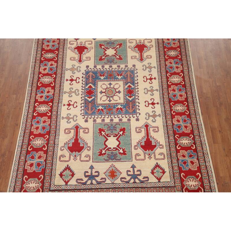 Hand Knotted Oriental 100% Wool Carpet Traditional Geometric Beige & Ivories Kazak Area Rug - 9' 8'' X 6' 6''