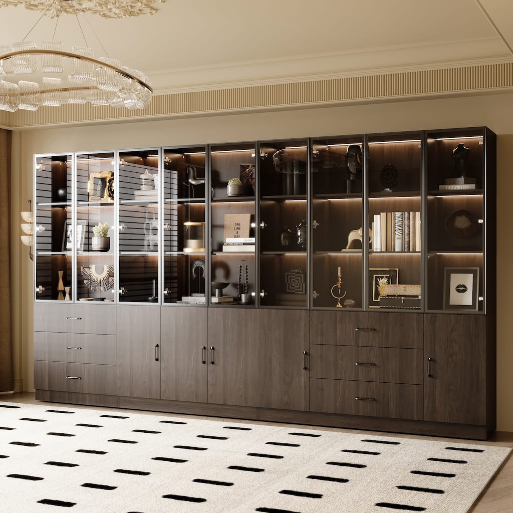 Bookshelves Bookcase Modular Glass Display Cabinet with LED Lights, Dark Wood Storage Combination Cabinet System
