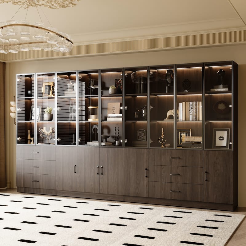 Bookshelves Bookcase Modular Glass Display Cabinet with LED Lights, Dark Wood Storage Combination Cabinet System - 141.7"W(Combo)