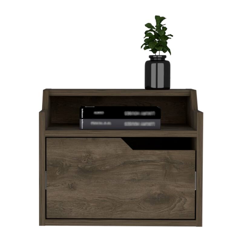 Floating Nightstand with Spacious Drawer, Dual-Tier Design, Dark Brown Finish for Wall Mounting