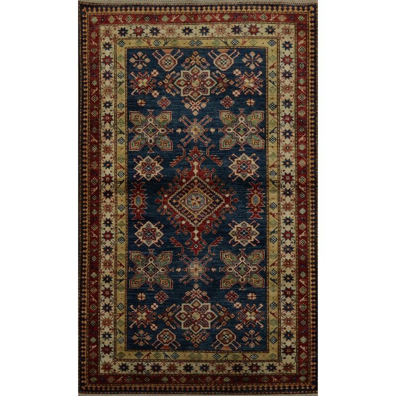 Hand Knotted Oriental 100% Wool Carpet Traditional Geometric Navy Blue & Blues Kazak Area Rug - 6' 0'' X 4' 0''