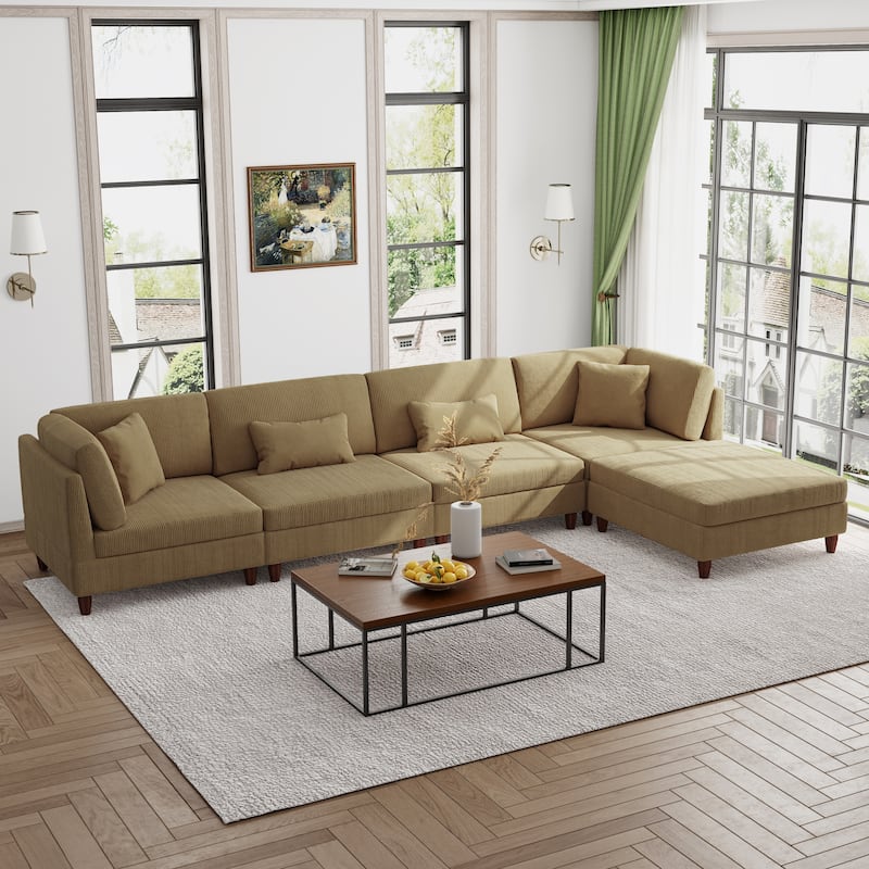 Modern Modular Corduroy Sectional Sofa with Ottoman - Brown 5 Piece