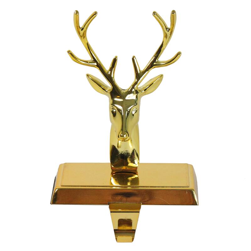 Shiny Metal Deer Head Christmas Stocking Holder - 8" - Gold Finish