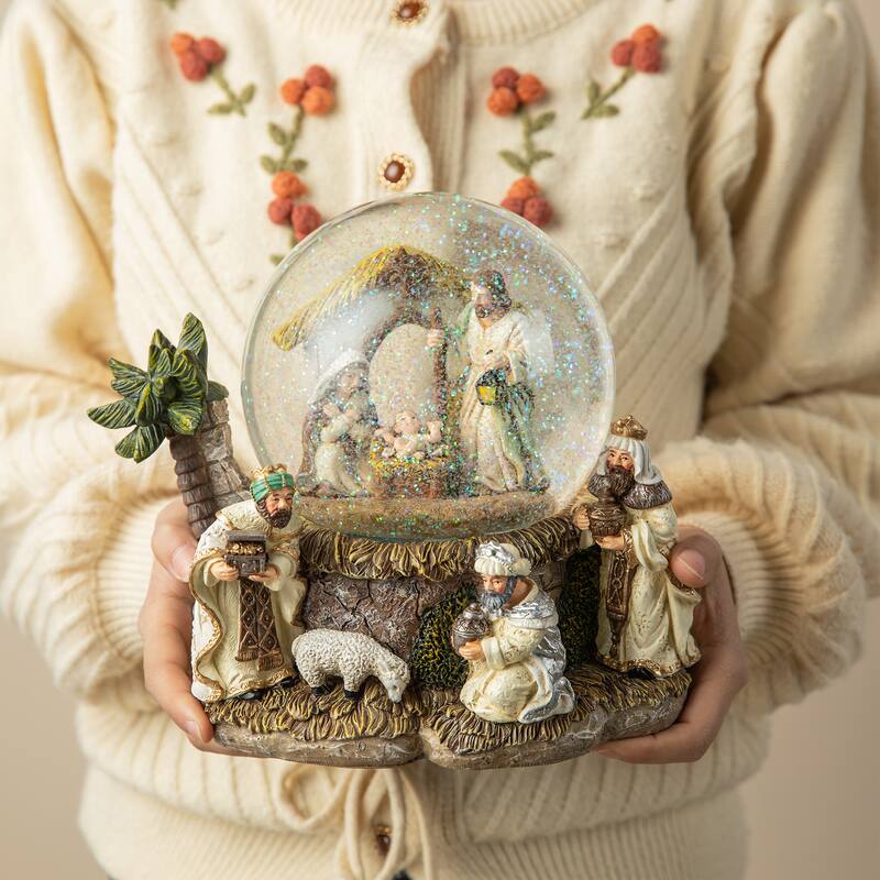 Glitzhome 8.25"H Oversized Resin Lighted Musical Snowflakes Nativity Waterglobe