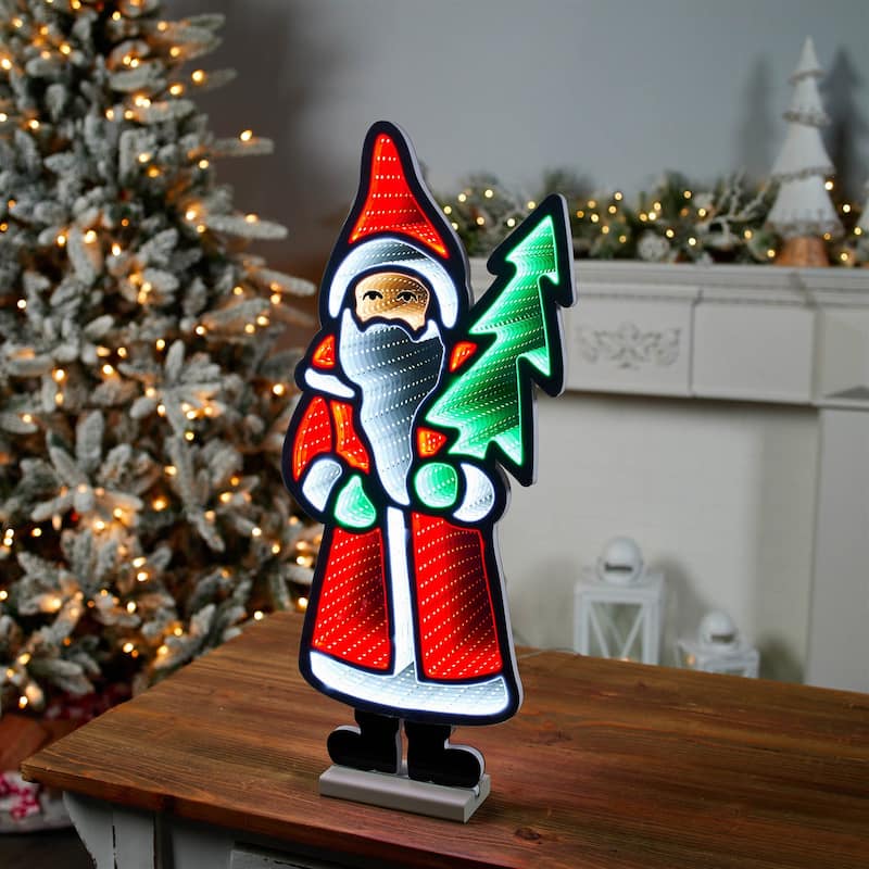 Acrylic Plastic Santa with Pine Tree and Infinity Light Effect - 9.25” x 2.75” x 23.5” (L x W x H)