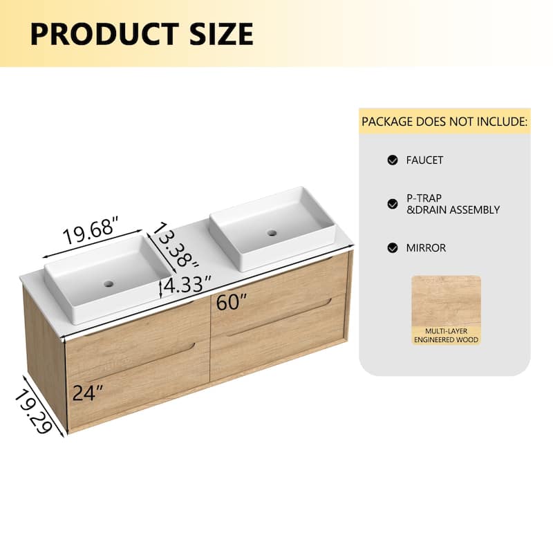 60" Solid Wood Bathroom Vanity with White Quartz Countertop Ceramic Vessel Sink