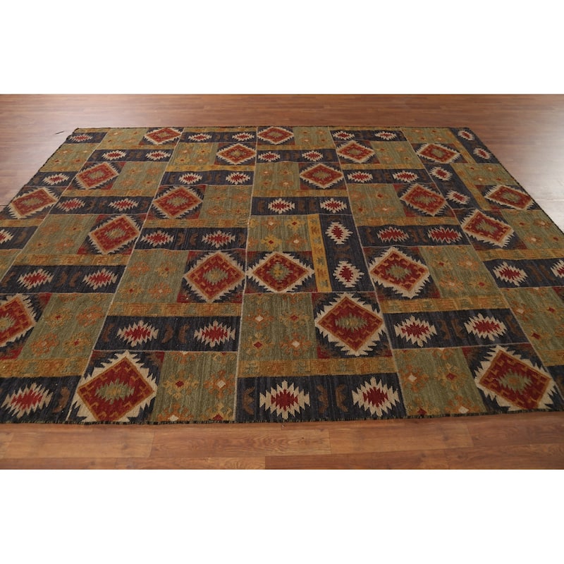 All-Over Geometric Kilim Indian Area Rug Hand-Woven Wool Carpet - 7'8"x 9'10"