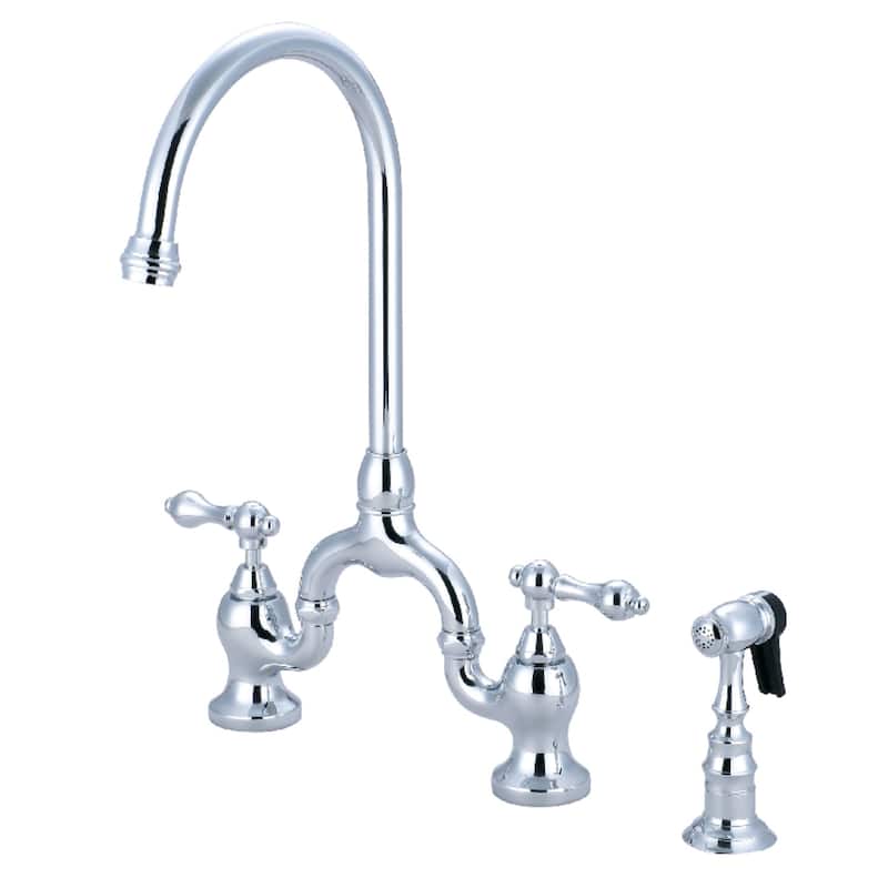 English Country Kitchen Bridge Faucet with Brass Sprayer - Polished Chrome