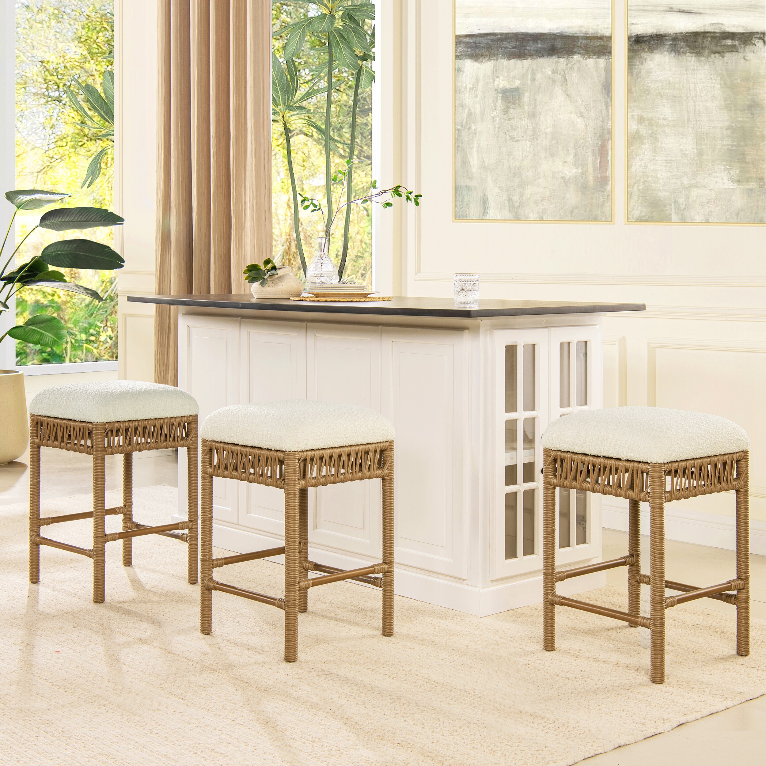 Lucia Boucle Wood and Resin Rattan Backless Counter Stool