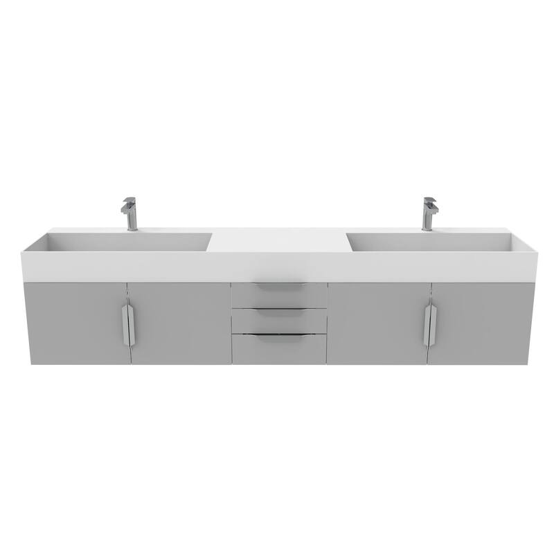 Amazon 84" Wall Mounted Double Bathroom Vanity Set w/ White Top - Brushed Nickel Finish - Grey