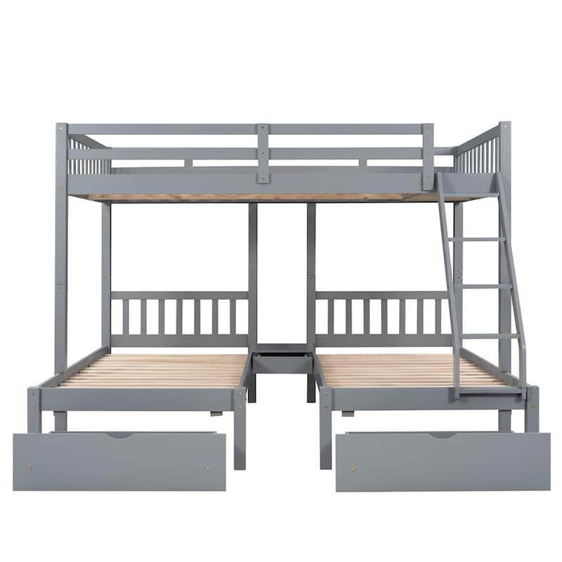 Merax Full Over Twin & Twin Bunk Bed, Wood Triple Bunk Bed with Drawers and Guardrails