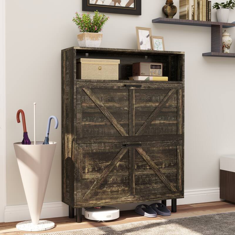 Farmhouse Shoe Storage Cabinet with Barn Door Design