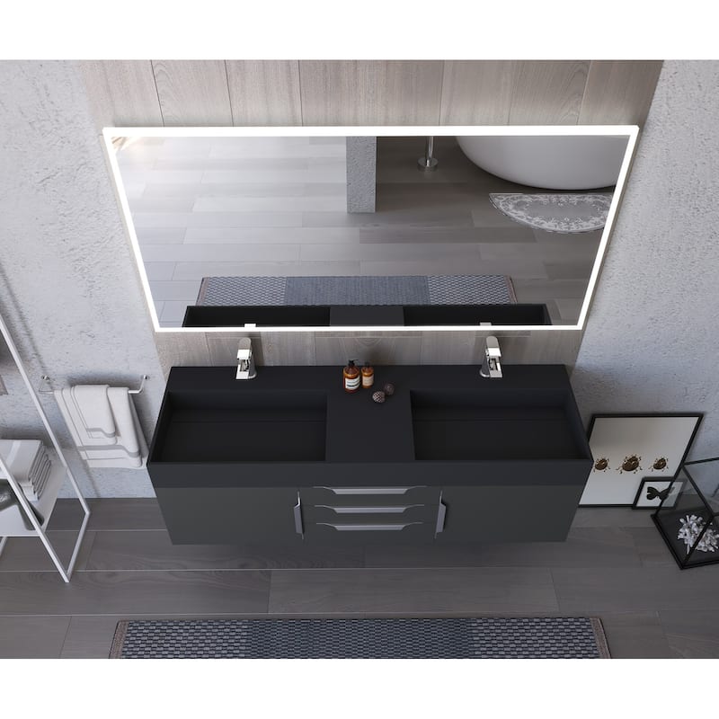 Amazon 60" Wall Mounted Bathroom Vanity Set w/ Black Top
