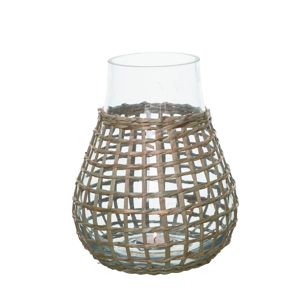 Transpac Glass 7.87 in. Multicolor Everyday Candle Holder with Woven Rattan Accent