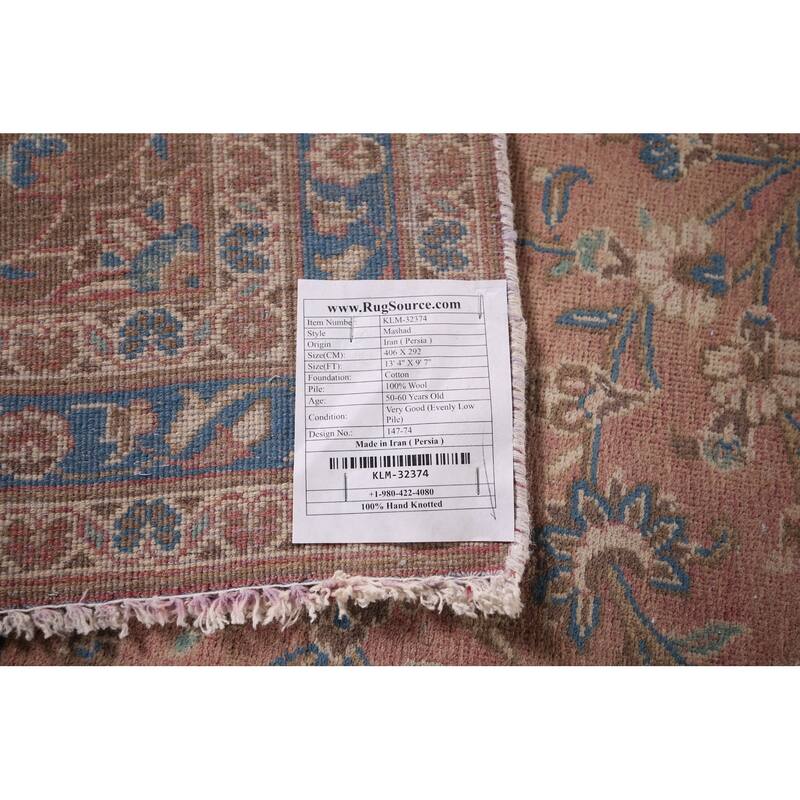 Pink Mashad Persian Vintage Area Rug Hand-Knotted Wool Carpet - 9'7"x 13'4"