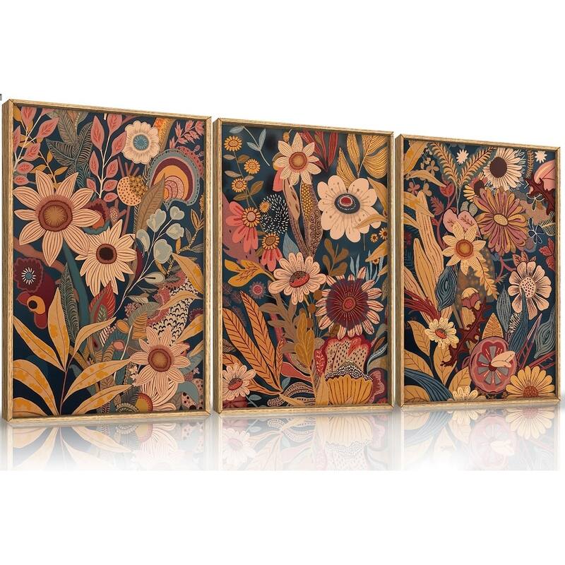 Boho Floral Blossom Framed Canvas Wall Art Set - 24 x 36