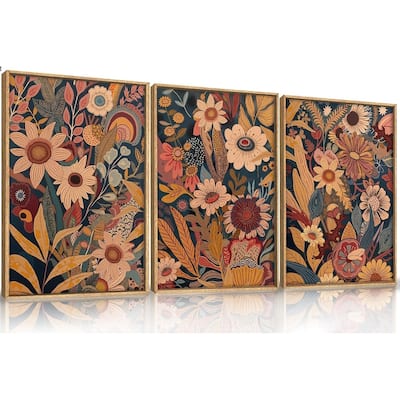 Boho Floral Blossom Framed Canvas Wall Art Set