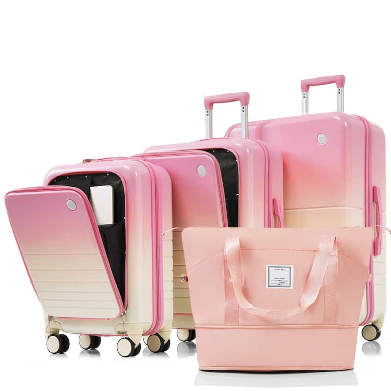 Luggage Set of 3 with USB Port, Front Opening Design Airline Certified Carry on Luggage w/Expandable Travel Bag and Cup Holder