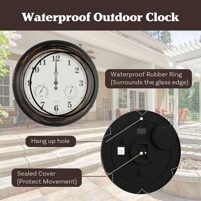 Indoor Outdoor Clock Thermometer Combo - 18-Inch Waterproof Outdoor Wall Clock with Temperature and Humidity by Pure Garden
