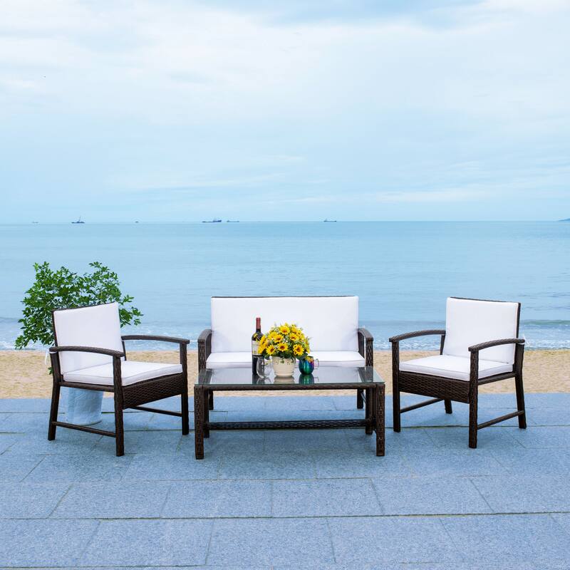 SAFAVIEH Outdoor Diya 4-Piece Patio Set - 43W x 31D x 26H - Brown/White Cushion