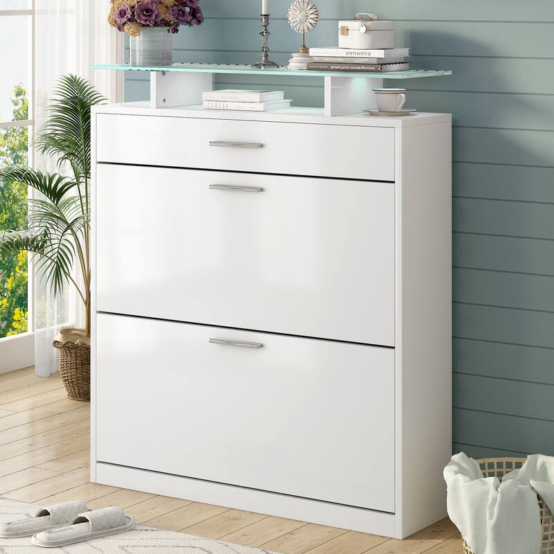 Contemporary Shoe Rack Storage Cabinet with Adjustable Shelves, Tempered Glass Top and LED Lighting, for Hallway Organize