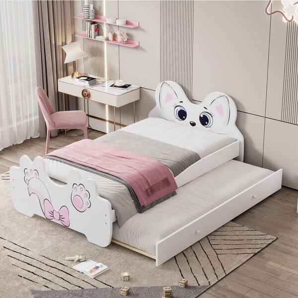slide 2 of 7, Twin Size Platform Bed with Trundle, Cartoon Shape Headboard, White White - Twin