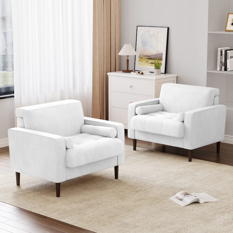 Modern Upholstered Accent Chairs, Corduroy Wide Armchairs For Living Room - Set of 2 - Beige/Set