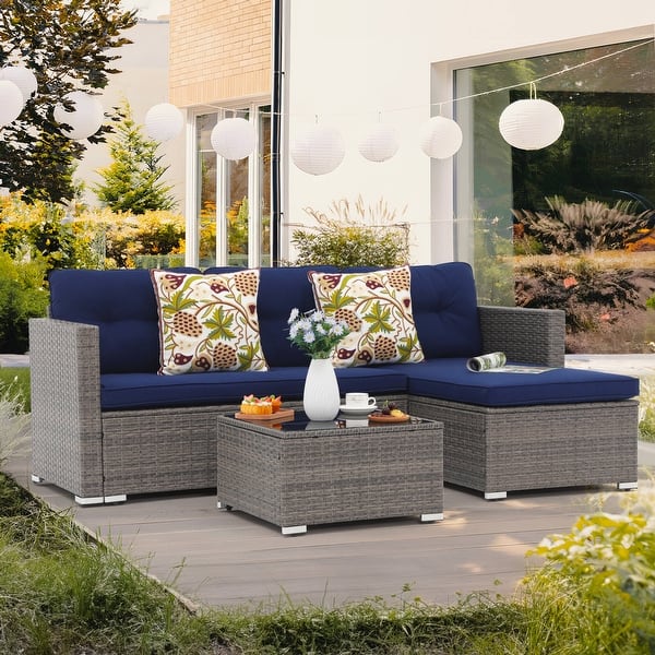 PE Wicker 3-piece Outdoor Sectional Set - Navy/Grey