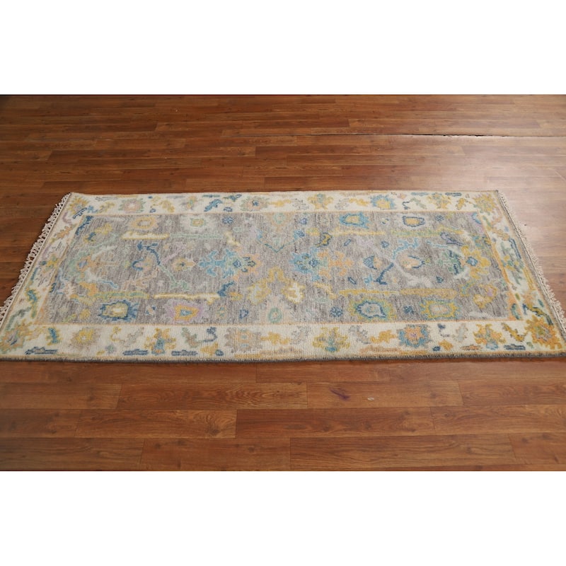 Gray Oushak Indian Foyer Rug Hand-Knotted Wool Carpet - 2'9"x 6'0"