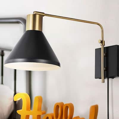 Justina Swing Arm 1-Light Modern Midcentury Iron USB Charging Port LED Sconce, by JONATHAN Y
