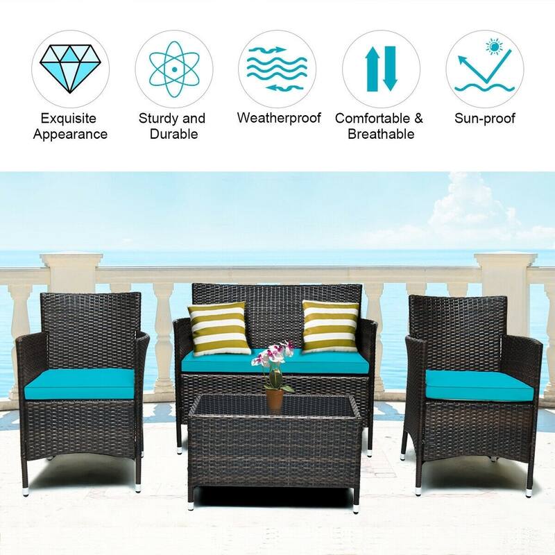 Rattan Patio Conversation Furniture Set with Glass Table and Comfortable Sofa - 4 Pcs