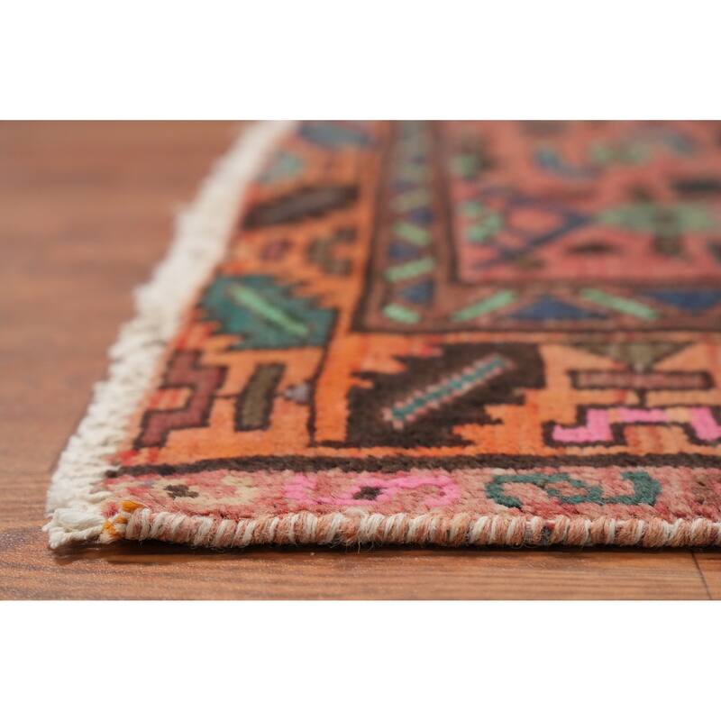 Hand Knotted Oriental 100% Wool Carpet Traditional Geometric Pink Hamedan Runner Rug - 9' 8'' X 3' 4''