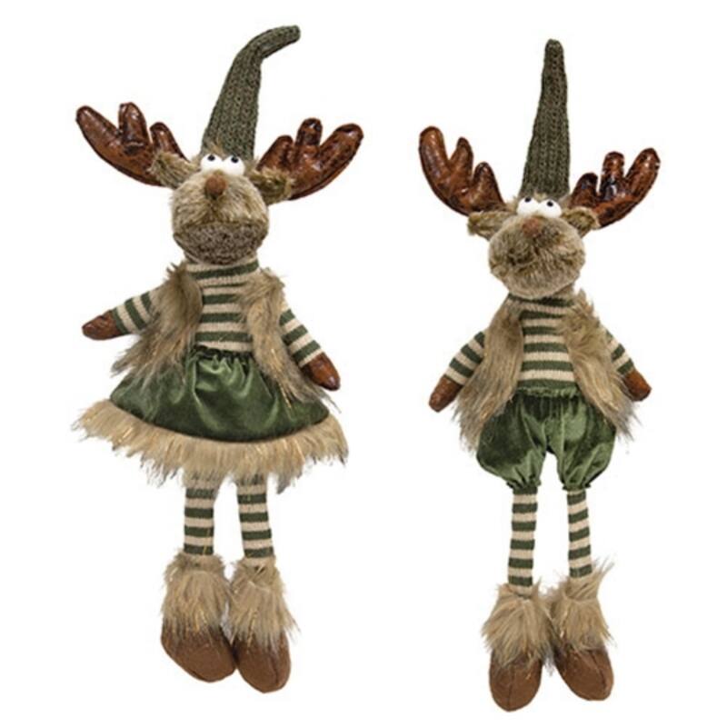 Mr. and Mrs. Green Reindeer Plush Christmas Decor with Dangle Legs Holiday Figurines 2 Asstd. - 23.5” high - Grey