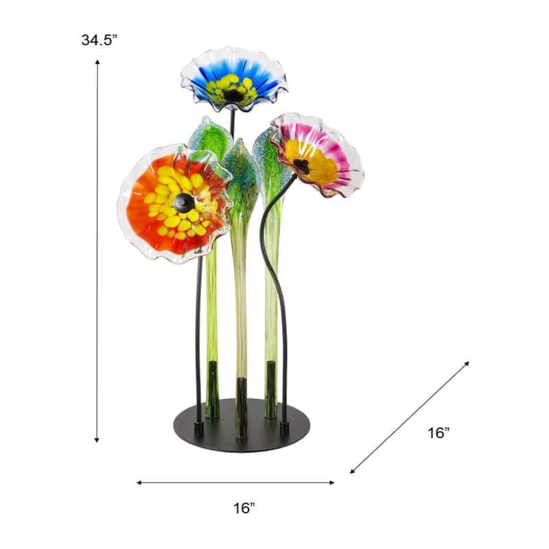 Fiore Bloom 34.5 IN Tall Multi-Color 3-Plate Flower Art Glass Sculpture with Metal Stand