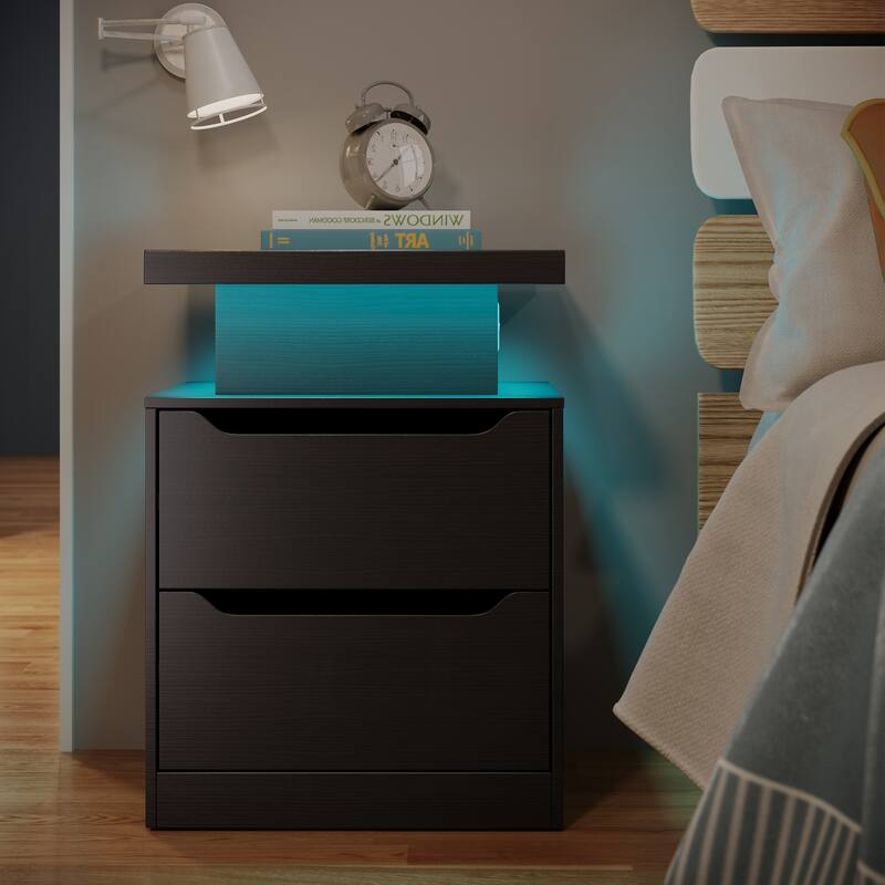 Modern Wood Nightstand with Charging Station, 2 Drawers, Bedside Table with LED Lights - Black