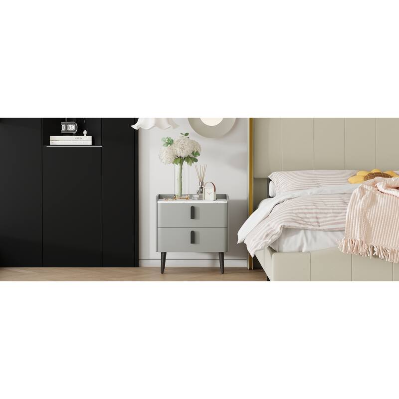 Modern 2-Drawer Nightstand with Marble-Pattern Top - Bedside/End Table for Bedroom/Living Room (Gray)