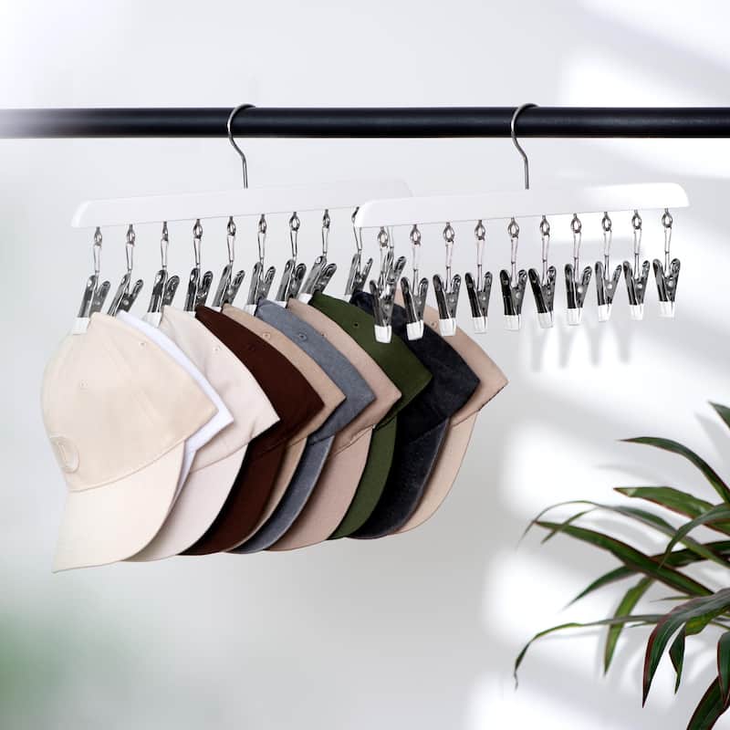 2 Pack Hat Organizer for Closet, Cap Storage Rack with 10 Adjustable Stainless Steel Clips - 14"D x 7.5"W x 1.25"H