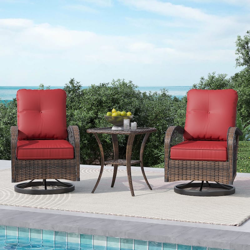 EROMMY Outdoor 3 Pieces Swivel Rocker Patio Chair Sets with Glass Table, All-Weather Wicker & Thickened Cushions for Backyard - 3-Piece - Red