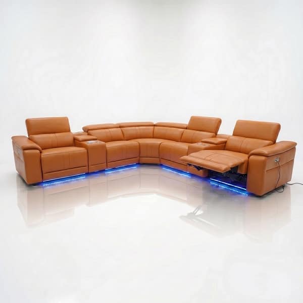 slide 2 of 7, Arron Modern Leather Power Reclining Sectional Sofa with Media Console Caramel