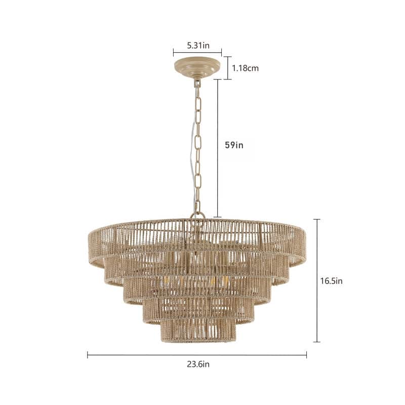Modern Layered Hemp Rope Chandelier in Boho Style, Elegant Hanging Light for Living, Dining & Bedroom Areas (Bulbs Not Included)