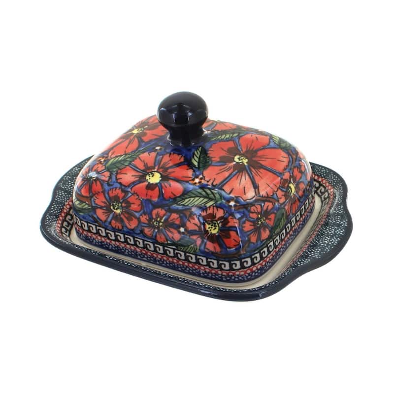Blue Rose Polish Pottery 858 Zaklady Square Butter Dish - Jungle Flower