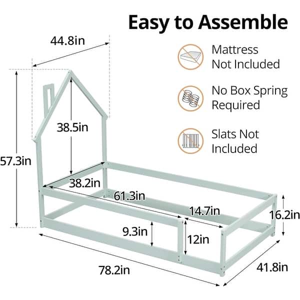 dimension image slide 0 of 6, Twin Size House-Shaped Headboard Floor Bed with Fences