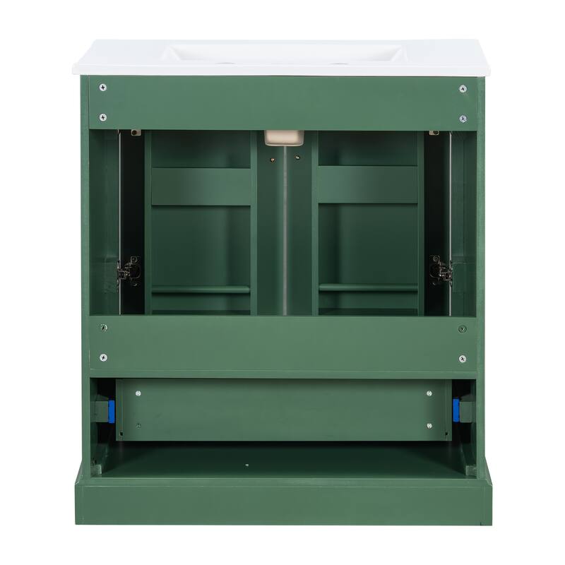 Bathroom Vanity with Ceramic Sink, Freestanding Storage Cabinet with Double Shelf, 1 Divider Drawer & 2 Soft-close Doors