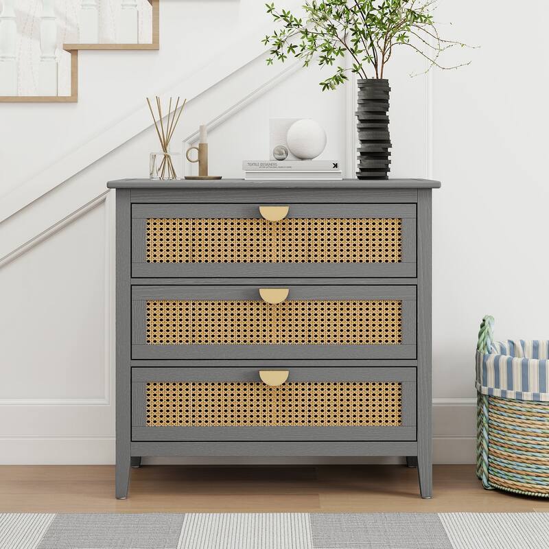 Roomfitters 3 Drawer Cabinet, Rattan Storage Dresser Chest for Bedroom, Living Room
